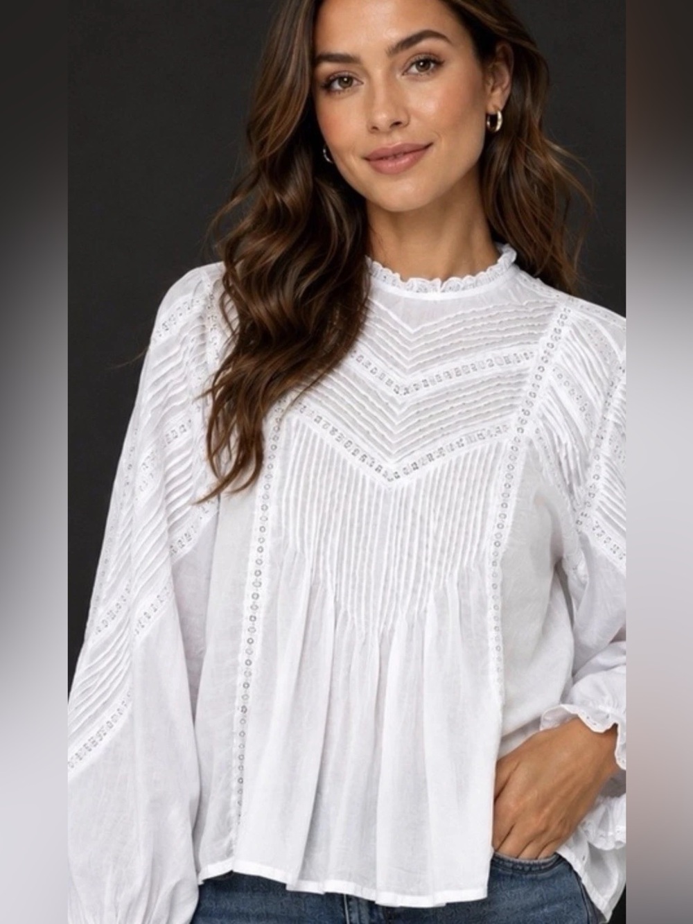 J. Crew Lace Trim Ruffle Blouse Medium White Pintuck Cotton Long Sleeve